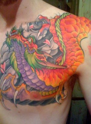 Japanese Tats Dragon On Man's Chest